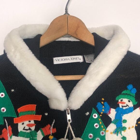 Vintage Knit Hooded Ugly Sweater Christmas Snowman Holiday Size M - Picture 4 of 16